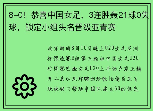 8-0！恭喜中国女足，3连胜轰21球0失球，锁定小组头名晋级亚青赛