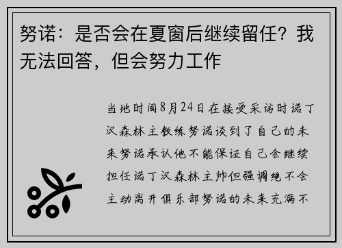 努诺：是否会在夏窗后继续留任？我无法回答，但会努力工作